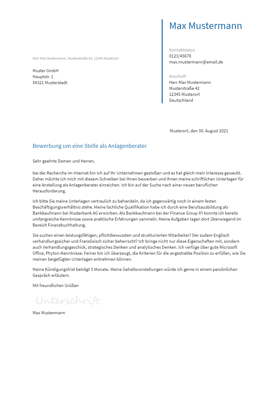 Anschreiben Anlagenberater erstellen